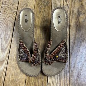 Rialto Beaded Wedge Sandals Brown Suede Open Toe Slip On Women Size 9.5